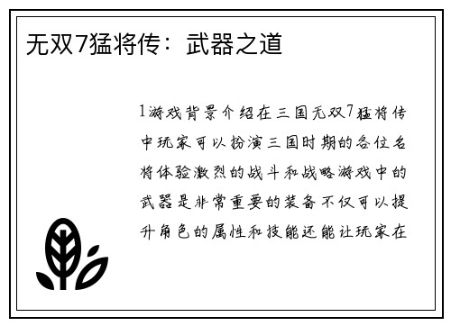 无双7猛将传：武器之道